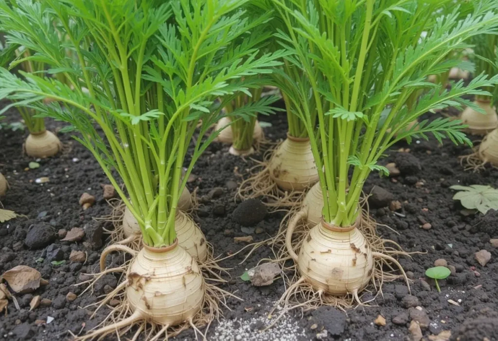 Parsnip plants with roots growing in shaded soil.
