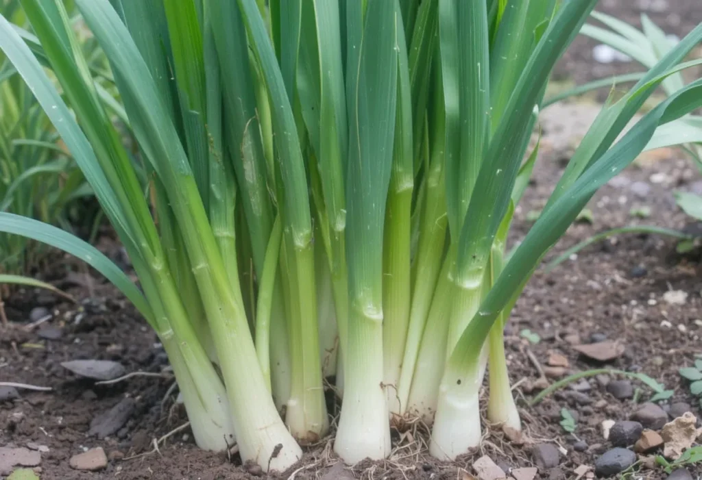 Leek plants with long stalks growing in partial shade.