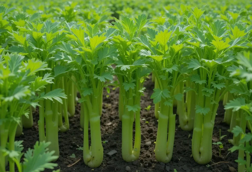  Fresh celery stalks growing in a shaded vegetable garden.