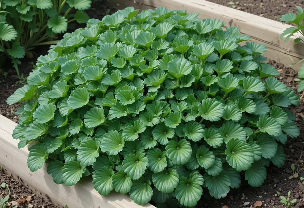  Tatsoi leafy greens growing densely in partial shade.
