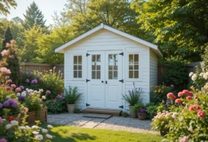 White garden shed in a lush backyard surrounded by flowers and planters, creating a fresh and elegant outdoor retreat.