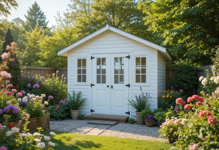 20 White Garden Shed Ideas That Instantly Brighten Your Backyard 4 White garden shed in a lush backyard surrounded by flowers and planters, creating a fresh and elegant outdoor retreat.