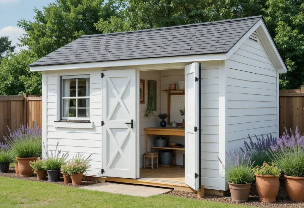 Sleek white farmhouse garden shed with black trim and lavender borders, blending rustic charm with modern style.