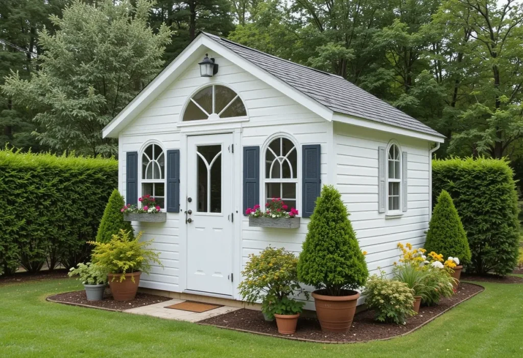 Classic white gable shed with arched windows and boxwood planters, adding timeless elegance to the garden.
