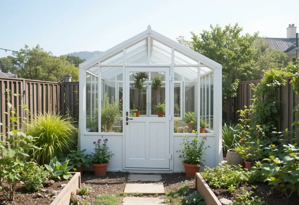 Small white greenhouse shed with clear panels and raised beds, perfect for growing and storing garden essentials.