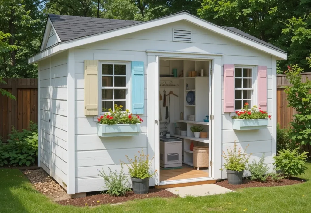 Charming white storage shed with pastel shutters and flower boxes, adding color and whimsy to the backyard.