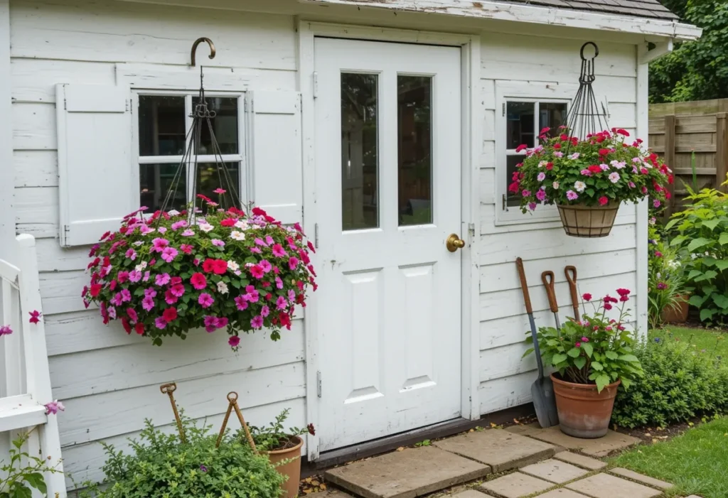 Shiplap white cottage-style shed with trailing flowers and a vintage handle, giving cozy charm to the garden.
