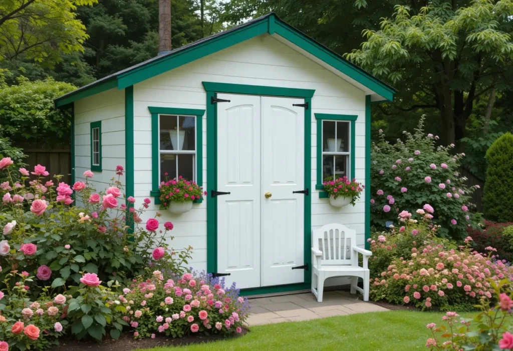 White garden shed with vibrant green trim and flowering borders, creating a bold, eye-catching garden focal point.
