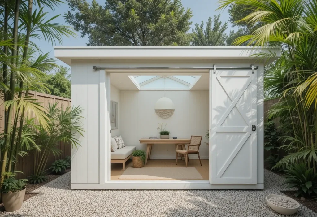 Modern white garden studio with skylight and tropical plants, offering a peaceful retreat for work or relaxation.