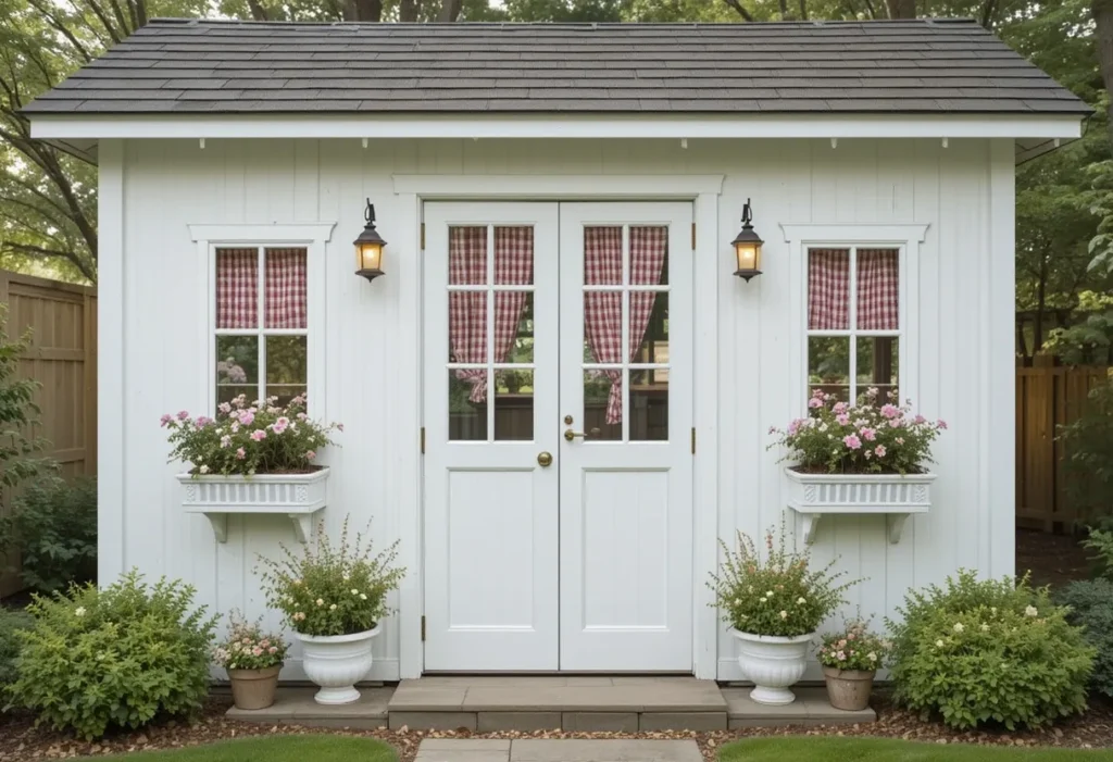 Country chic white shed with gingham curtains and vintage decor, perfect for a charming, cozy garden corner.