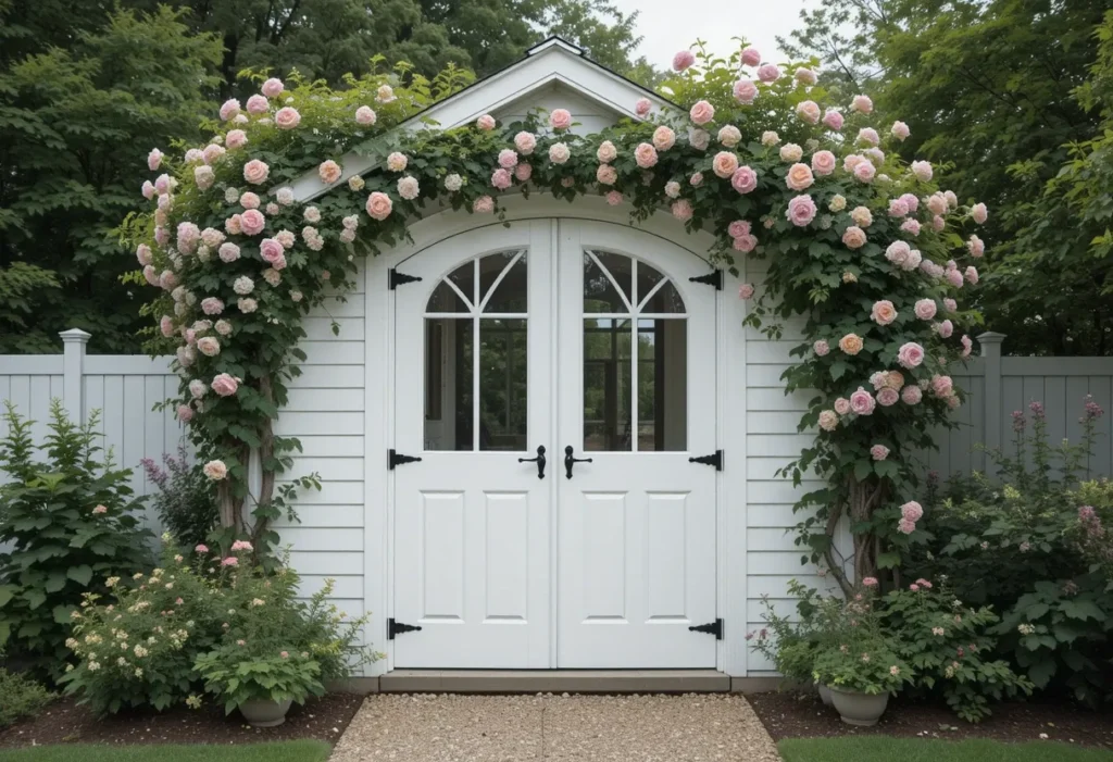 Elegant white shed with arched French doors and rose-covered trellises, bringing graceful charm to the backyard.
