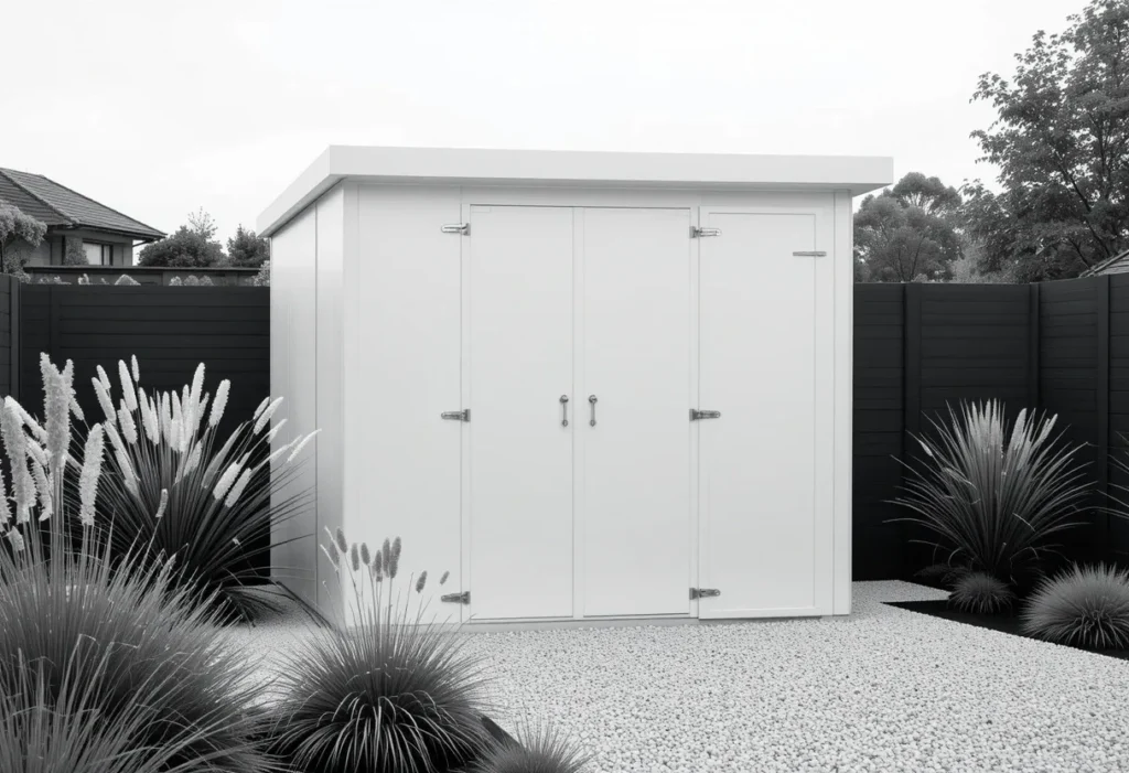 Sleek monochrome white shed with minimalist design, nestled in a tranquil zen garden surrounded by grasses.