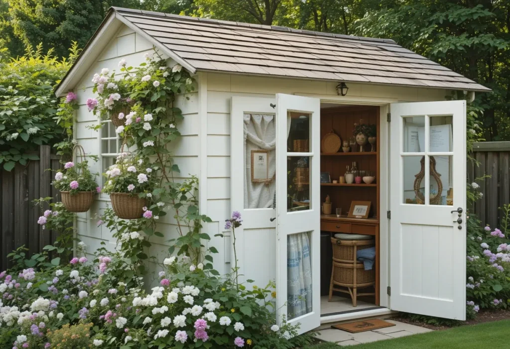 White cottage garden shed with wicker baskets, cedar roof, and climbing clematis