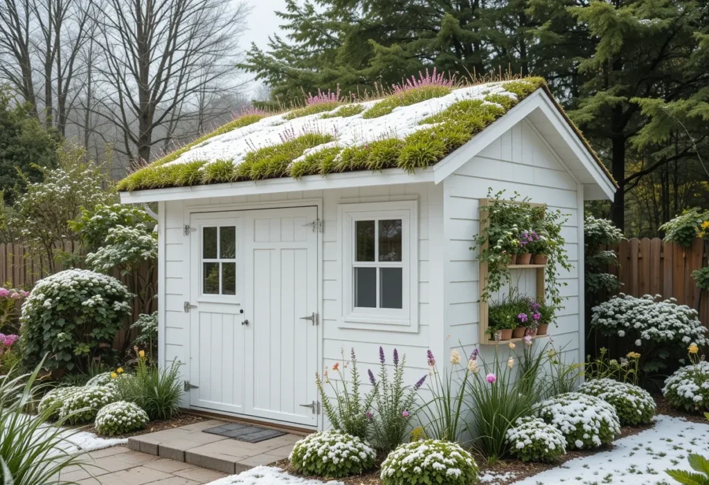 Snowy white garden shed with a turf-covered living roof and vertical herb wall, blending nature and design beautifully.