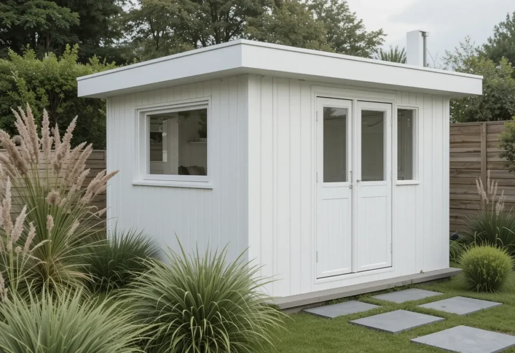 Scandinavian-inspired white shed with clean lines and grasses, offering a modern and peaceful backyard look.