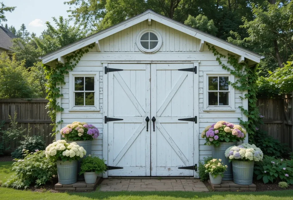 Rustic whitewashed barn-style shed with ivy and hydrangeas, perfect for a charming farmhouse garden retreat.