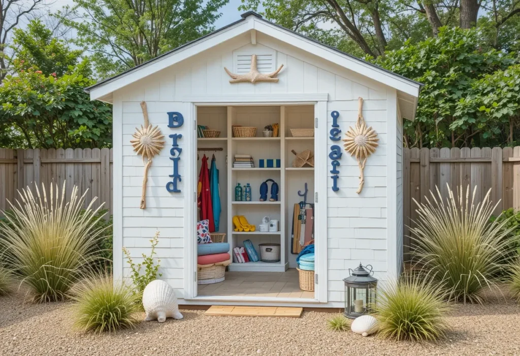 Bright white coastal shed with navy accents and seaside decor, creating a beachy vibe in the backyard