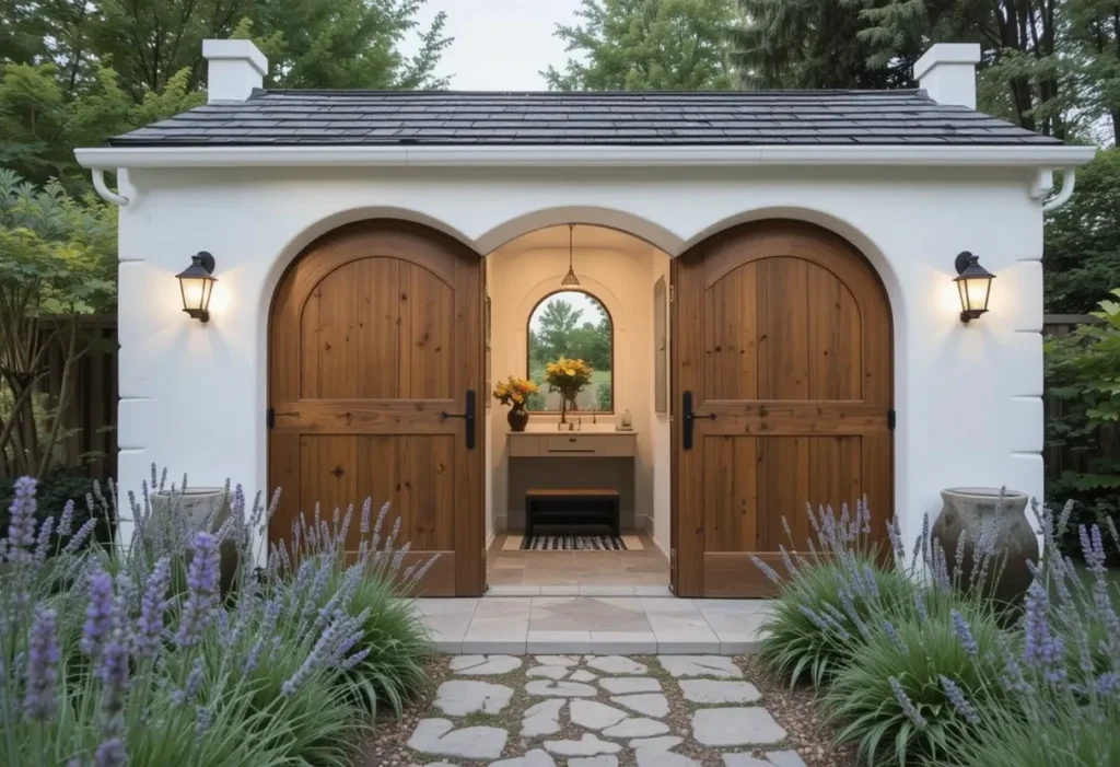 French country-style white shed with arched doors and lavender borders, offering romantic European garden charm.
