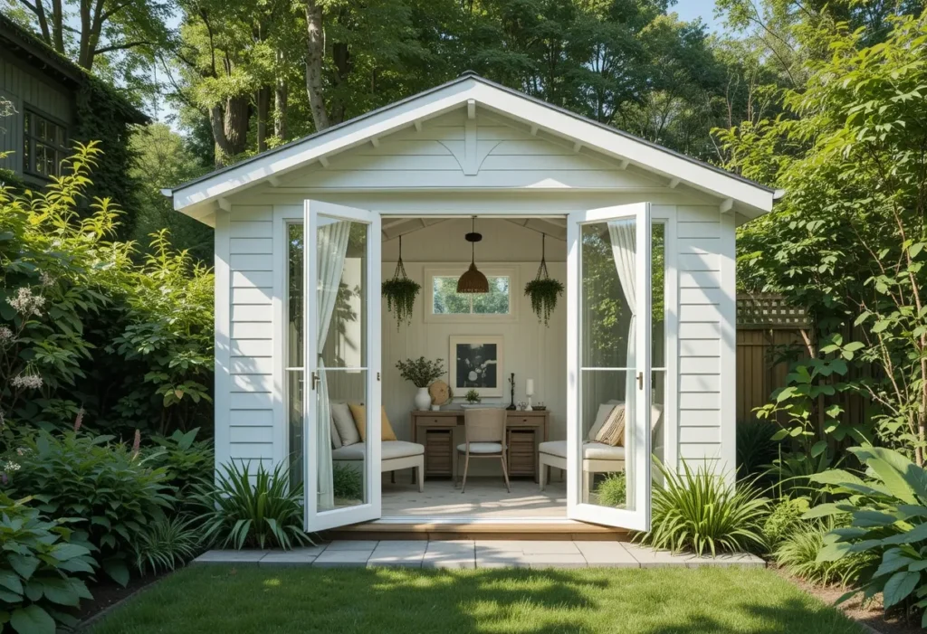 Elegant white shed with full glass doors and hanging plants, filled with natural light for a dreamy garden retreat.