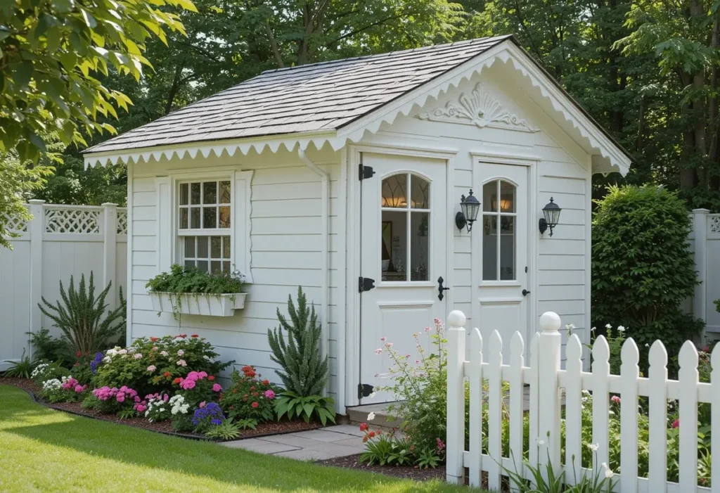 Dainty Victorian white shed with ornate trim and picket fence, surrounded by flowers in a storybook garden.