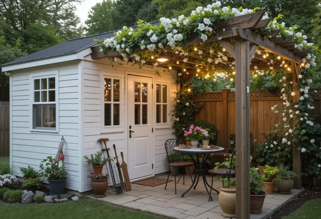 White shed with a jasmine-covered pergola and bistro table, perfect for relaxing or gardening under the shade.