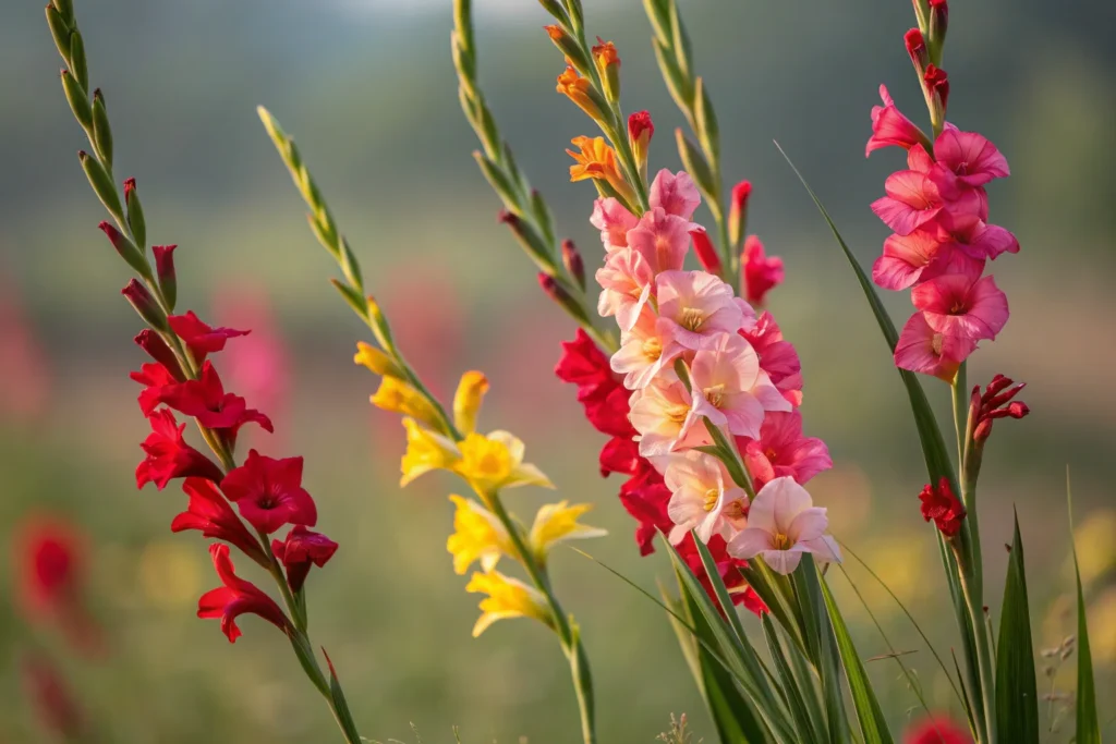 26 Beautiful September Flowers for a Colorful Fall Garden 21 Gladiolus flowers in red, pink, and yellow blooming on tall spikes.