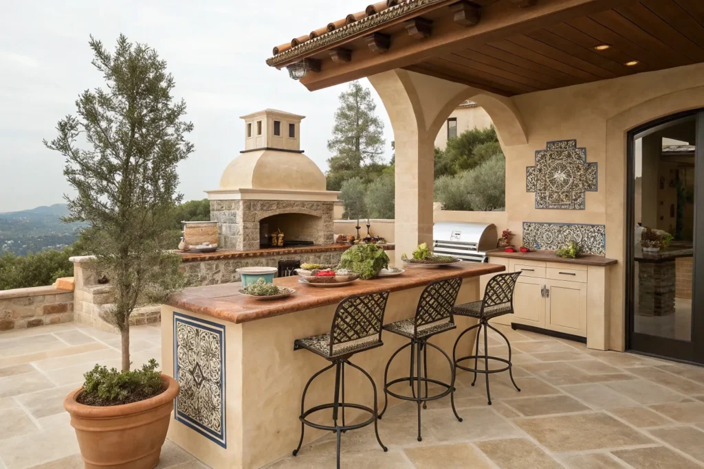 Tuscan-inspired deck kitchen with terracotta counters, mosaic tiles, and iron seating.