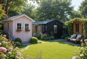 Small garden shed idea with a compact cedar shed surrounded by succulents and drought-tolerant plants