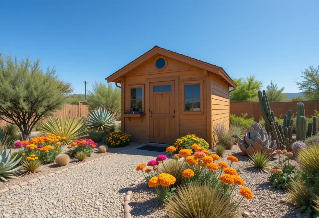 21 Small Garden Shed Ideas to Maximize Storage in Compact Backyards 2 Small garden shed idea with a compact cedar shed surrounded by succulents and drought-tolerant plants