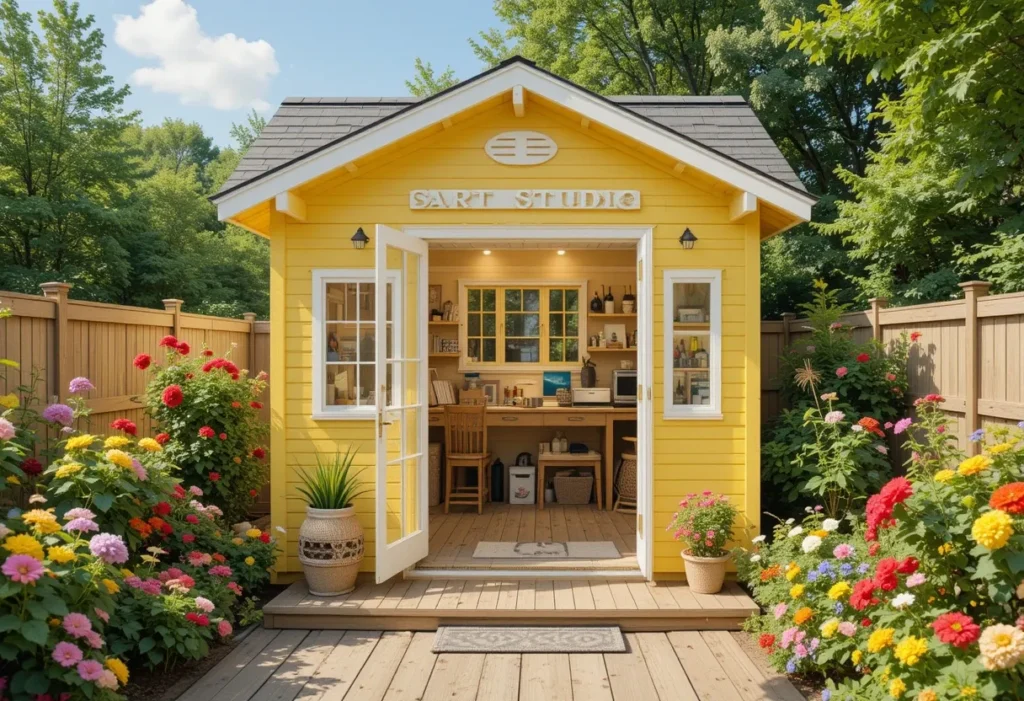 21 Small Garden Shed Ideas to Maximize Storage in Compact Backyards 11 Multifunctional garden studio shed with workspace and storage for a compact backyard