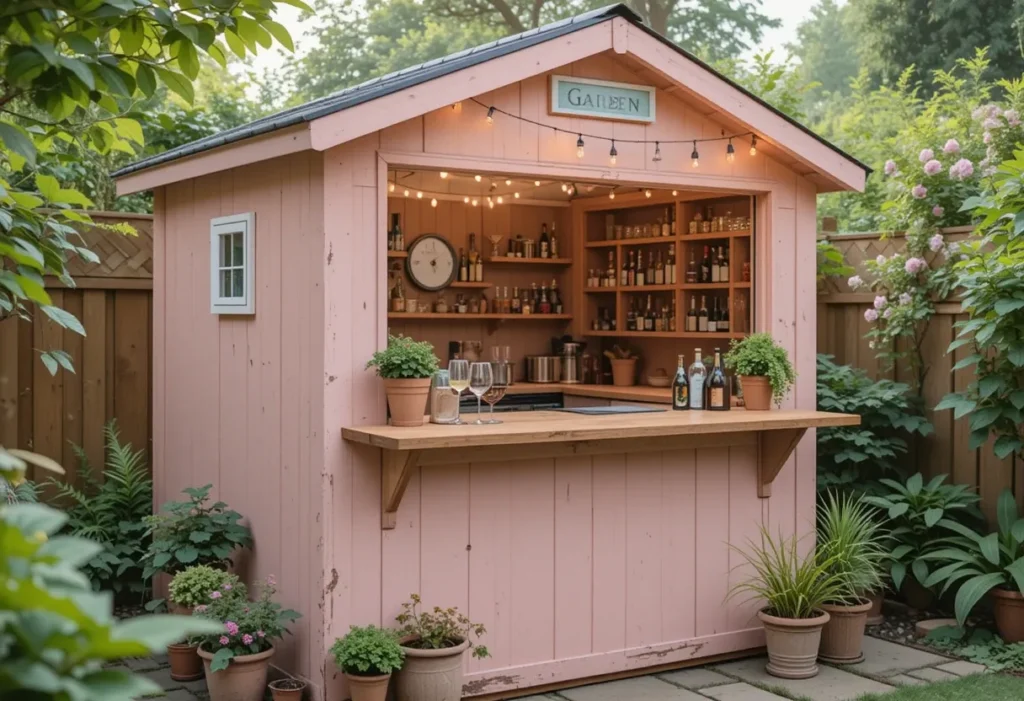 21 Small Garden Shed Ideas to Maximize Storage in Compact Backyards 13 Multi-purpose backyard shed with fold-down serving counter and hidden storage