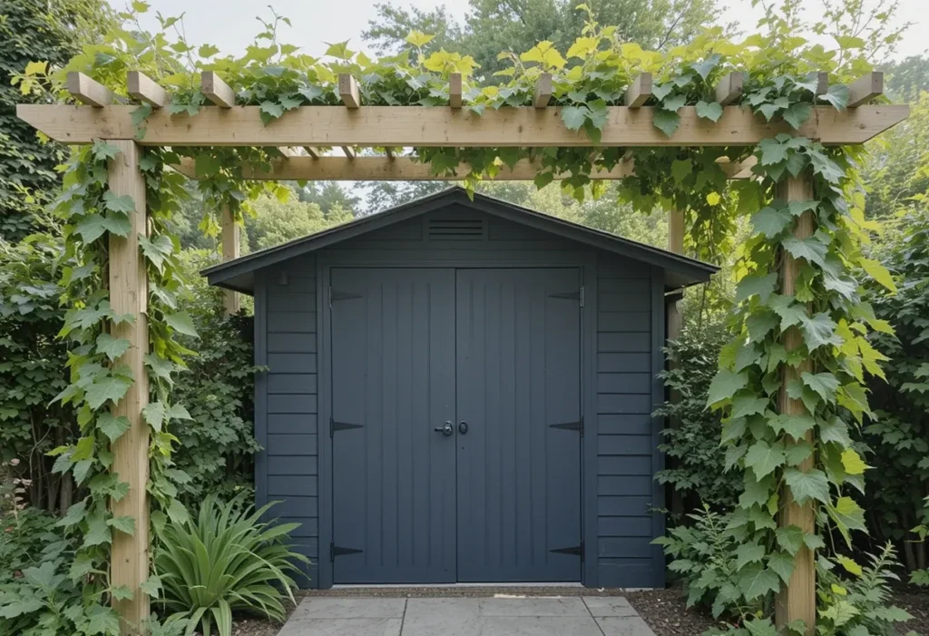 21 Small Garden Shed Ideas to Maximize Storage in Compact Backyards 14 Compact garden shed with pergola creating shaded outdoor workspace and storage