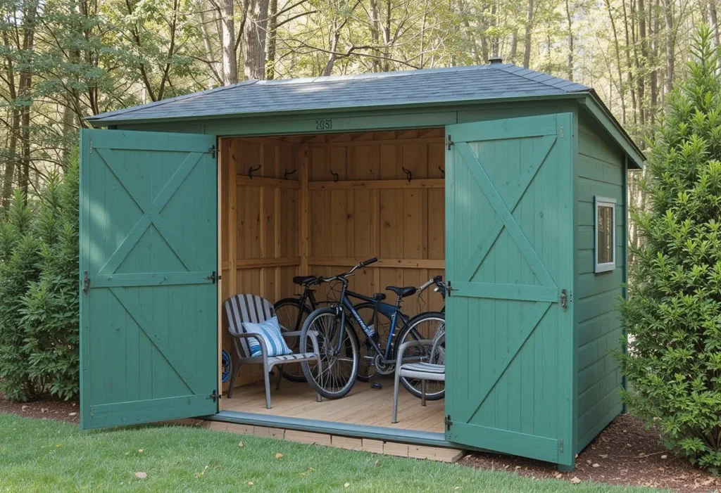 21 Small Garden Shed Ideas to Maximize Storage in Compact Backyards 16 Compact bike and garden storage shed with vertical racks for efficient organization