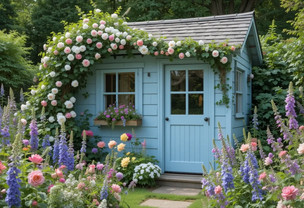 21 Small Garden Shed Ideas to Maximize Storage in Compact Backyards 3 Compact cottage-inspired garden shed with climbing vines in a small backyard