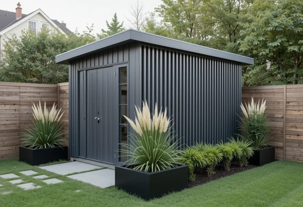 21 Small Garden Shed Ideas to Maximize Storage in Compact Backyards 4 Modern compact garden shed with vertical siding and smart storage for small backyards