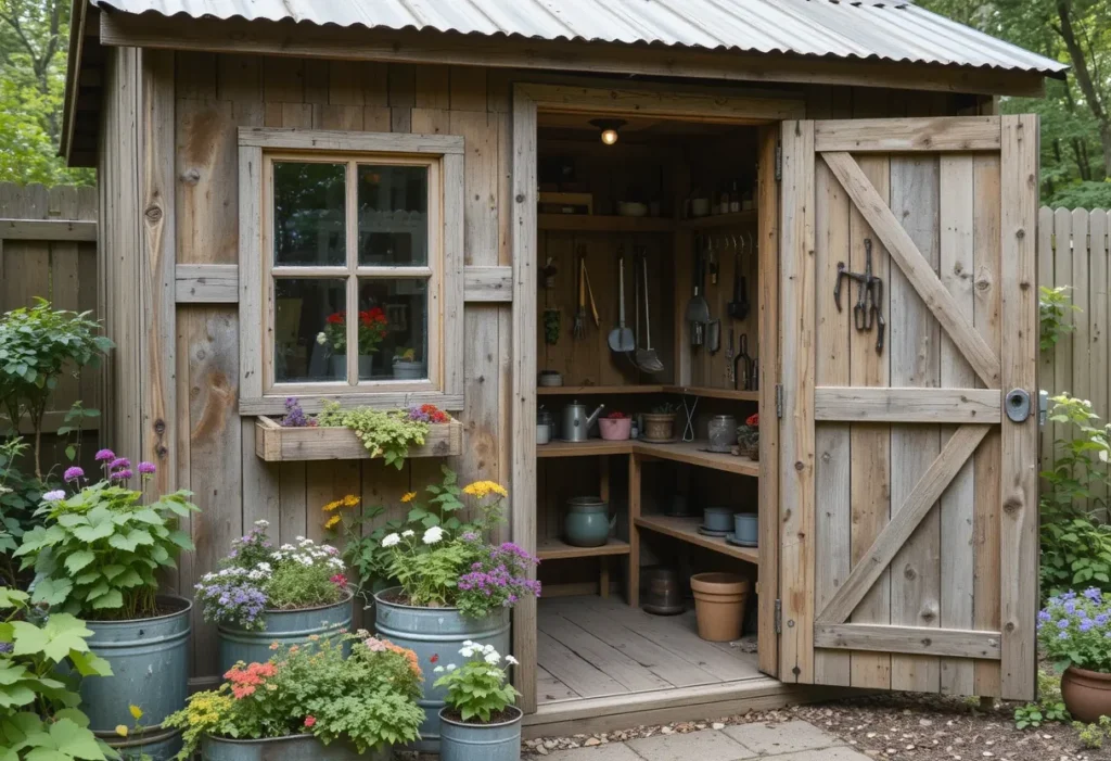 21 Small Garden Shed Ideas to Maximize Storage in Compact Backyards 5 Reclaimed wood garden storage shed with vertical tool organization in a compact outdoor space