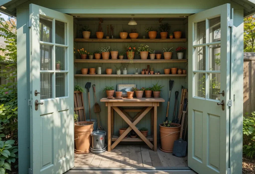 21 Small Garden Shed Ideas to Maximize Storage in Compact Backyards 6 Compact potting shed with fold-down workbench and organized garden storage
