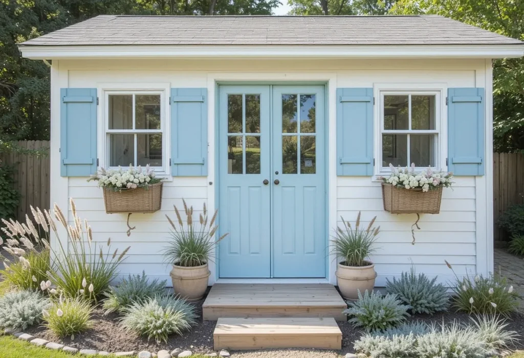 21 Small Garden Shed Ideas to Maximize Storage in Compact Backyards 7 Compact coastal garden shed with outdoor seating and practical storage for a small garden