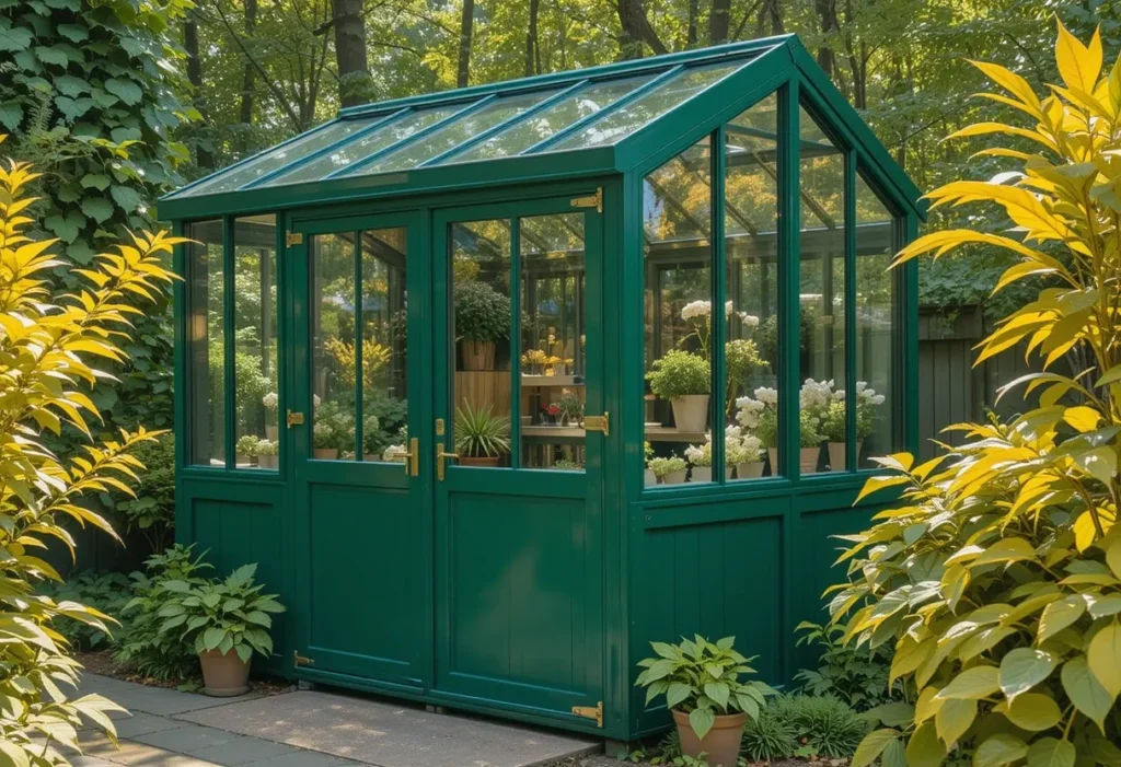 21 Small Garden Shed Ideas to Maximize Storage in Compact Backyards 8 Compact greenhouse garden shed with glass panels for seed starting and garden storage