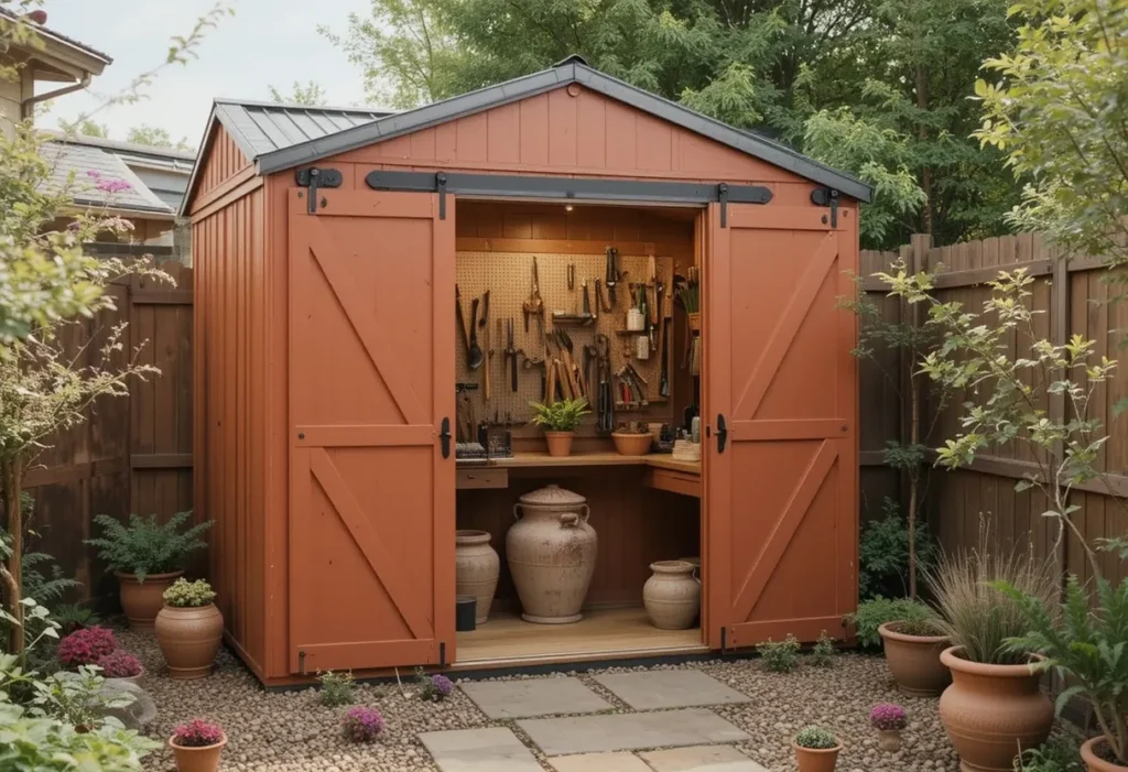 21 Small Garden Shed Ideas to Maximize Storage in Compact Backyards 9 Slim garden storage shed designed for narrow side yards and compact outdoor spaces