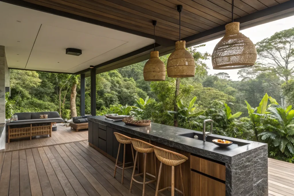 Jungle-inspired deck kitchen with stone counters, bamboo lights, and tropical plants.
