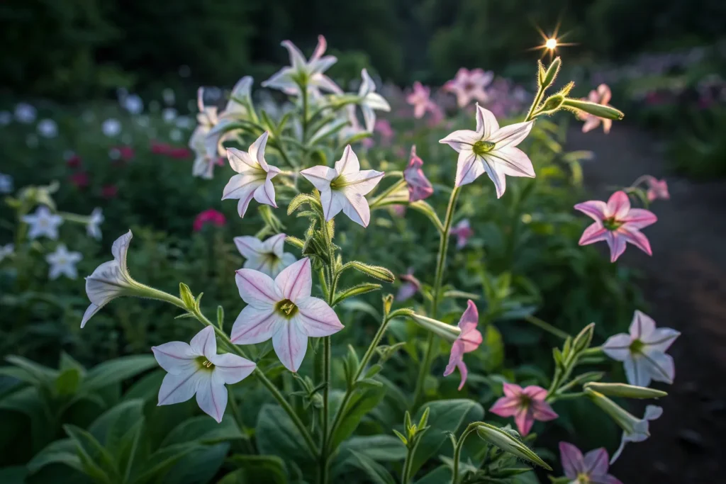 26 Beautiful September Flowers for a Colorful Fall Garden 22 Star-shaped nicotiana flowers in white and pink blooming in September.
