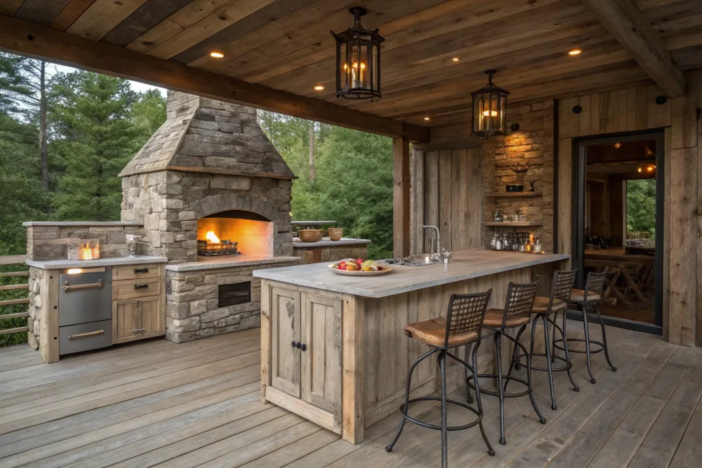 Weathered wood outdoor deck kitchen with stone fireplace and rustic charm.
