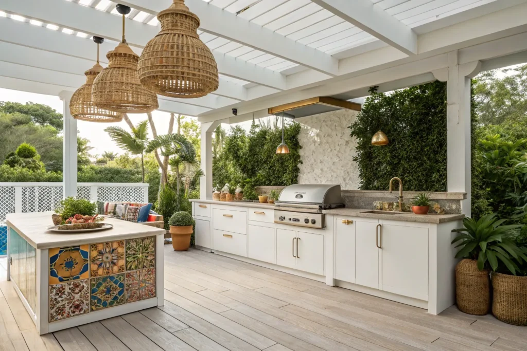 Whitewashed Mediterranean deck kitchen with brass accents and ceramic tile décor.