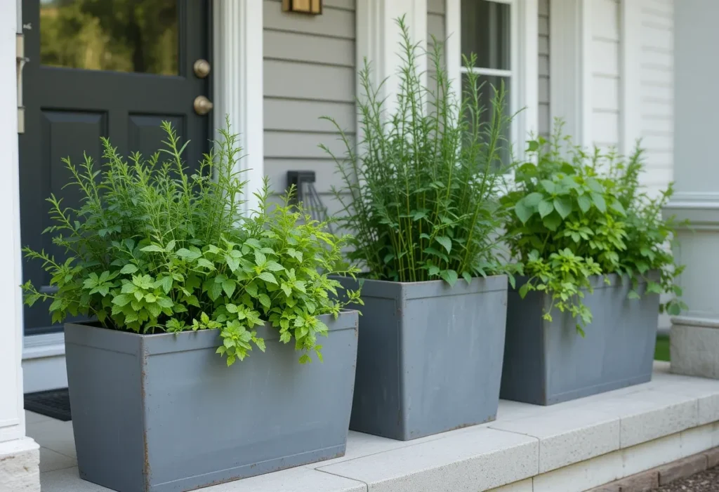 Modern gray planters with rosemary, mint, and thyme on a front porch