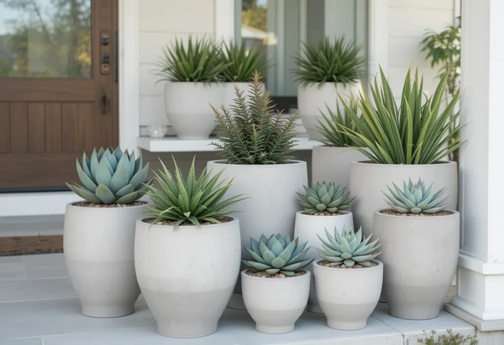 Minimalist planters with assorted succulents on a modern, stylish front porch.