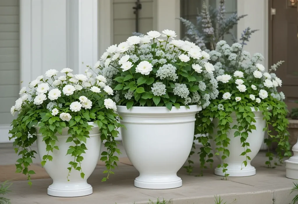 Classic white planters with white blooms and green vines on an elegant front porch.