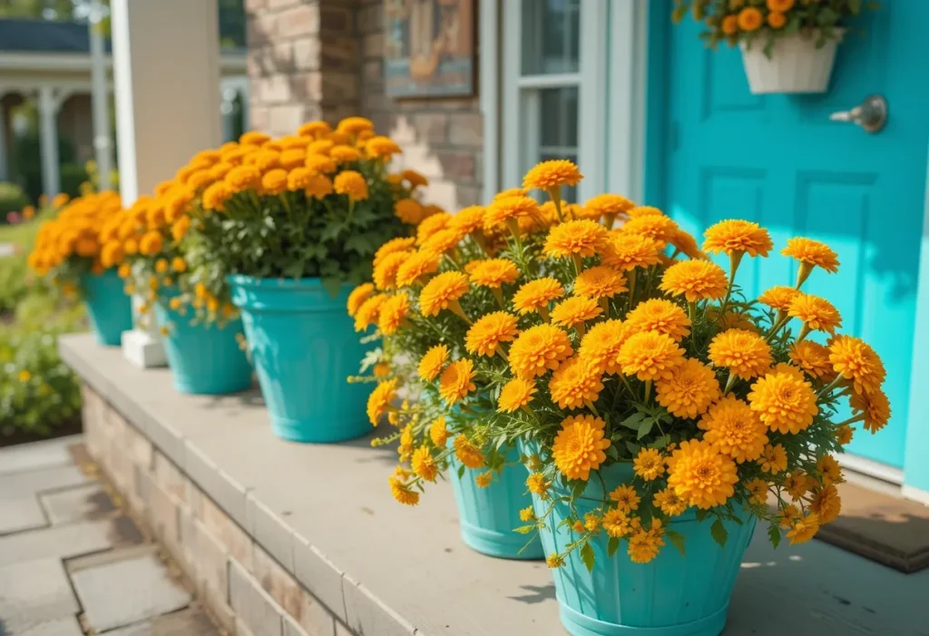 Golden marigolds blooming in turquoise pots on a sunny and playful front porch.