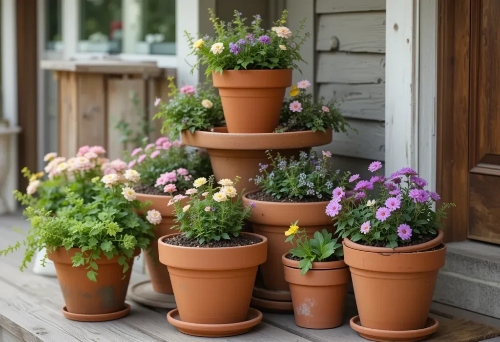 Tiered terracotta pots with herbs and flowers in a layered display on a porch.