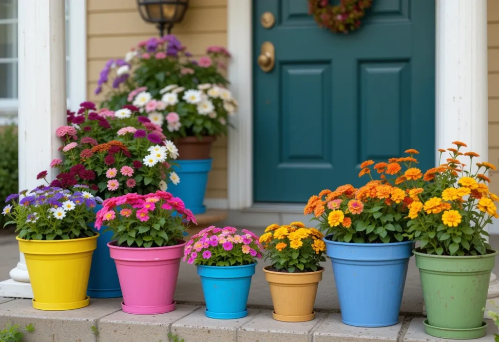 Front porch decorated with colorful pots filled with daisies, petunias, and marigolds.